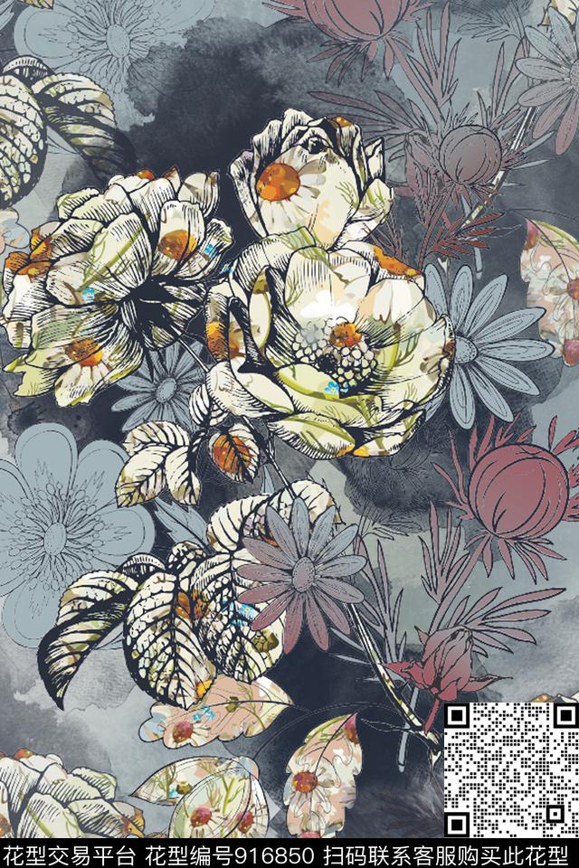大牌风花卉朦胧花卉数码印花华亿平台下载（图片编号: 916850） - 瓦栏（Walan）