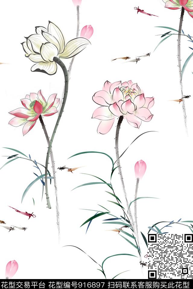 荷花春夏华亿平台花卉数码印花华亿平台下载（图片编号: 916897） - 瓦栏（Walan）
