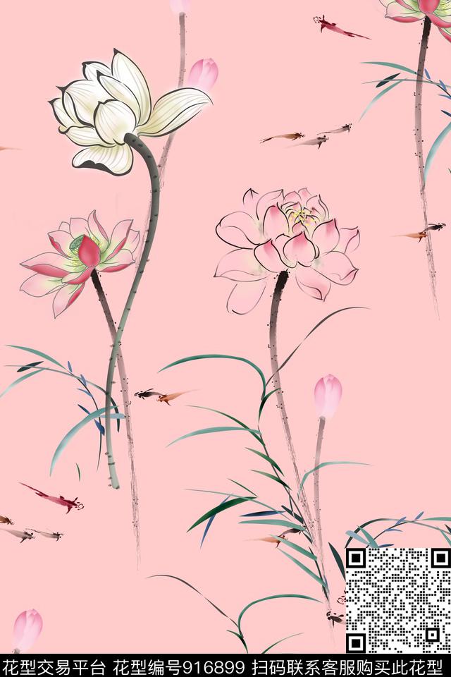 荷花春夏华亿平台花卉数码印花华亿平台下载（图片编号: 916899） - 瓦栏（Walan）