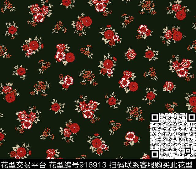 黑底花卉满版散花复古数码印花华亿平台下载（图片编号: 916913） - 瓦栏（Walan）