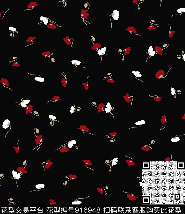 黑底花卉复古小碎花数码印花华亿平台下载（图片编号: 916948） - 瓦栏（Walan）