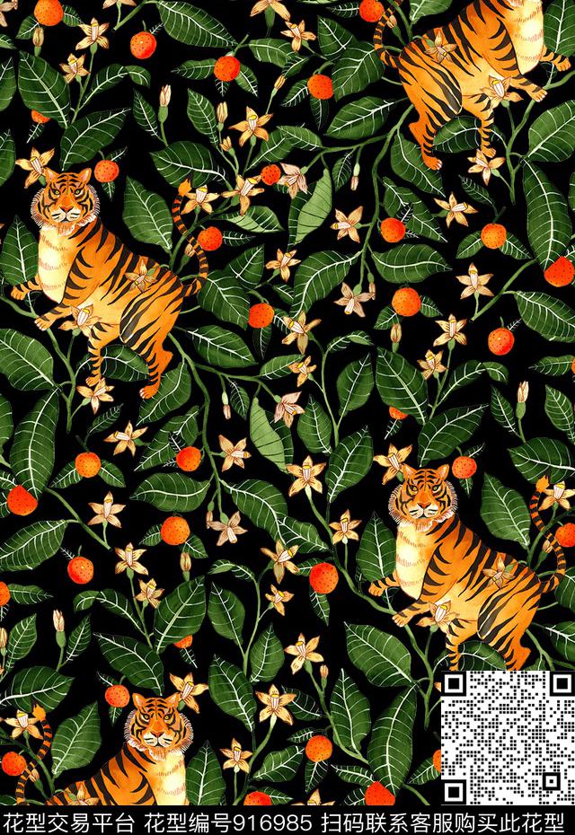 花卉动物花卉抽象老虎数码印花华亿平台下载（图片编号: 916985） - 瓦栏（Walan）