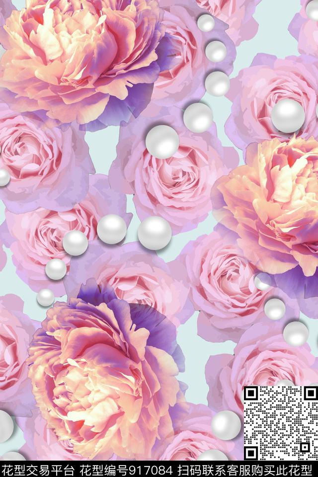 大花花卉玫瑰花数码印花华亿平台下载（图片编号: 917084） - 瓦栏（Walan）