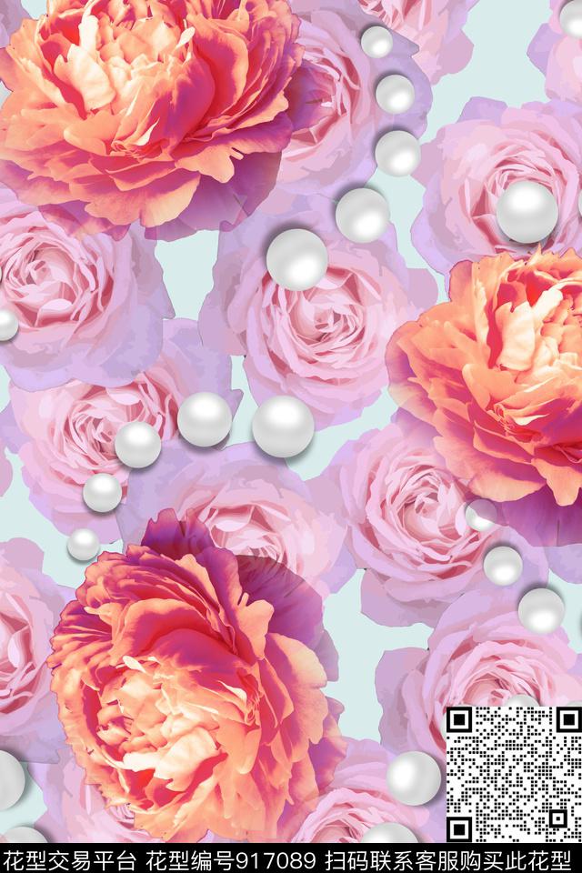 大花花卉玫瑰花数码印花华亿平台下载（图片编号: 917089） - 瓦栏（Walan）