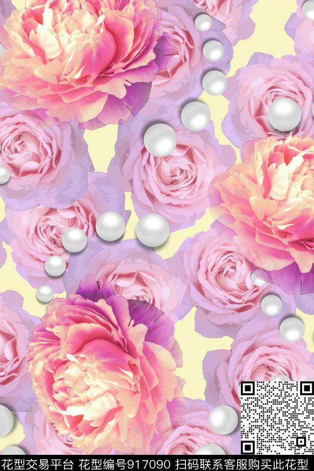 大花花卉玫瑰花数码印花华亿平台下载（图片编号: 917090） - 瓦栏（Walan）