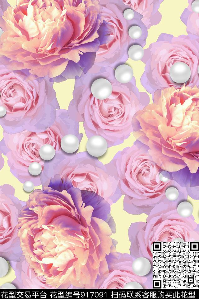 大花花卉玫瑰花数码印花华亿平台下载（图片编号: 917091） - 瓦栏（Walan）