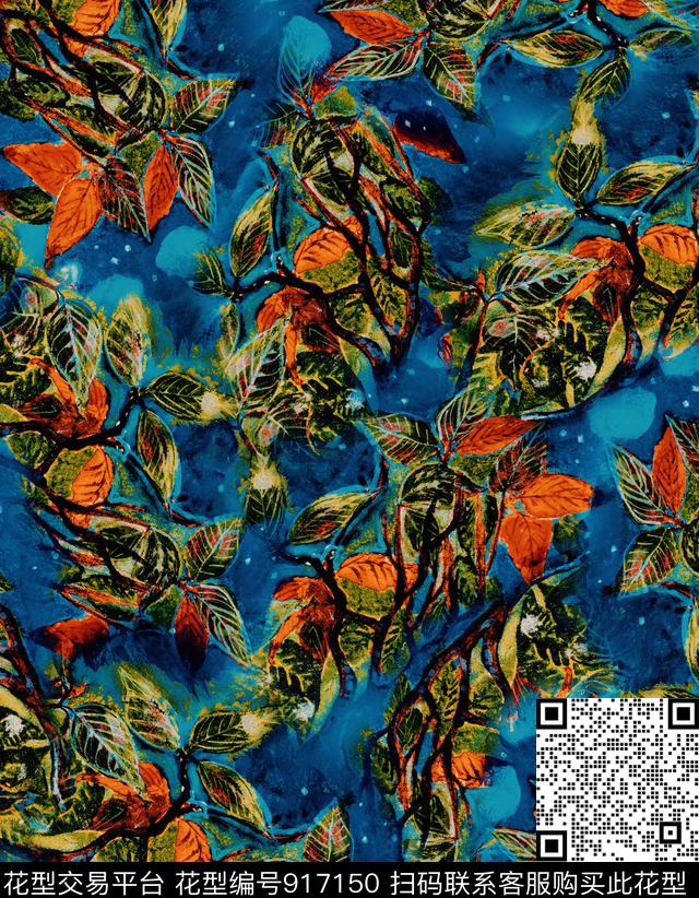 树枝绿植树叶朦胧花卉数码印花华亿平台下载（图片编号: 917150） - 瓦栏（Walan）