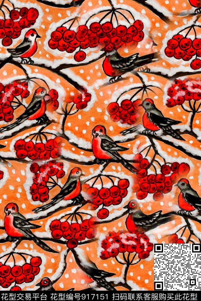 樱桃树枝花鸟数码印花华亿平台下载（图片编号: 917151） - 瓦栏（Walan）