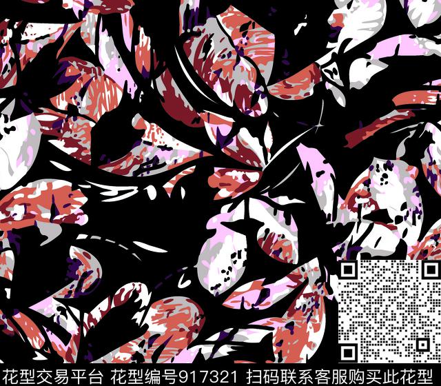 复古绿植树叶黑底花卉数码印花华亿平台下载（图片编号: 917321） - 瓦栏（Walan）