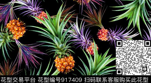 创意花卉菠萝数码印花华亿平台下载（图片编号: 917409） - 瓦栏（Walan）