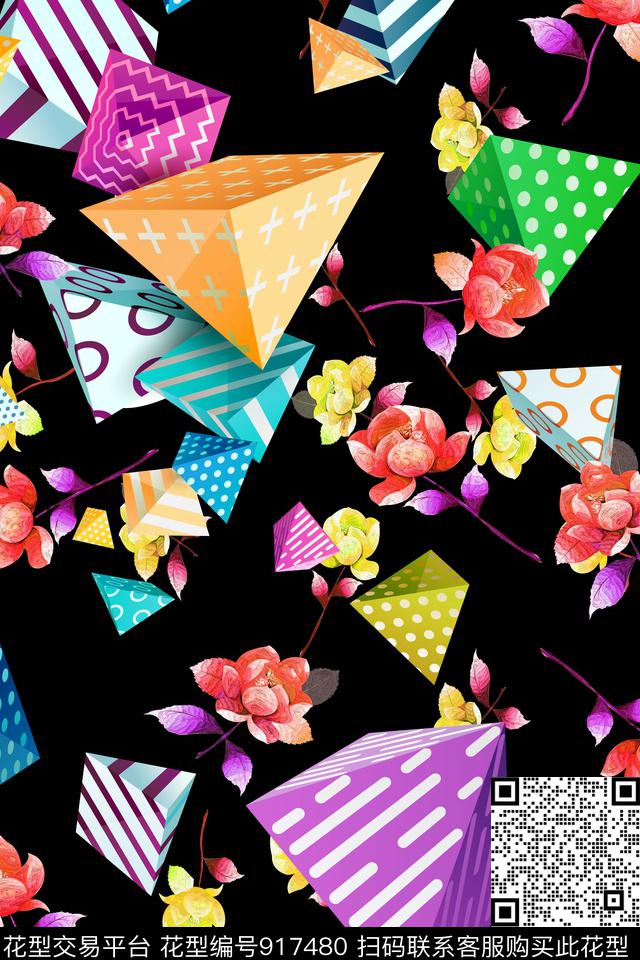 几何花卉手绘花卉几何数码印花华亿平台下载（图片编号: 917480） - 瓦栏（Walan）
