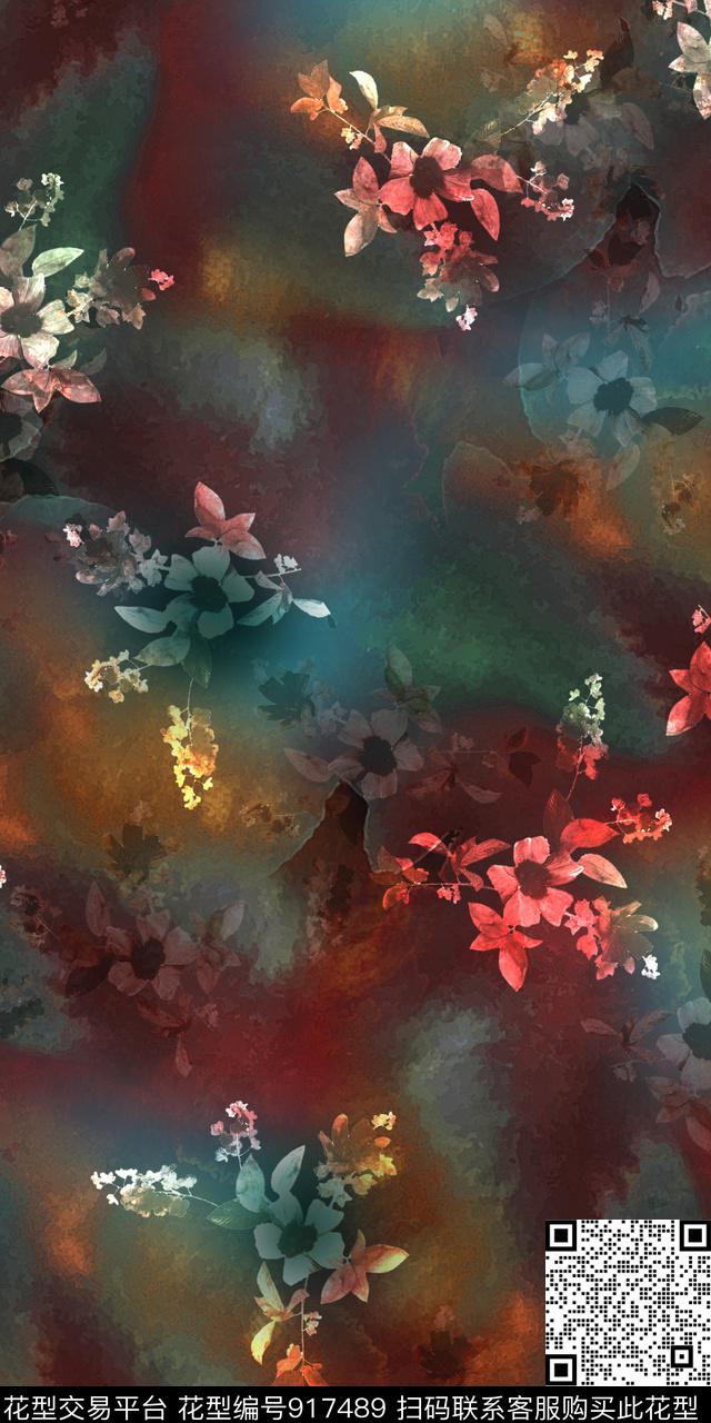 数码华亿平台水墨风花卉数码印花华亿平台下载（图片编号: 917489） - 瓦栏（Walan）
