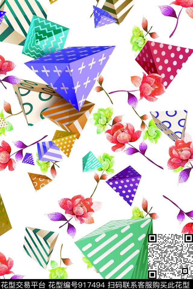 几何花卉手绘花卉几何数码印花华亿平台下载（图片编号: 917494） - 瓦栏（Walan）