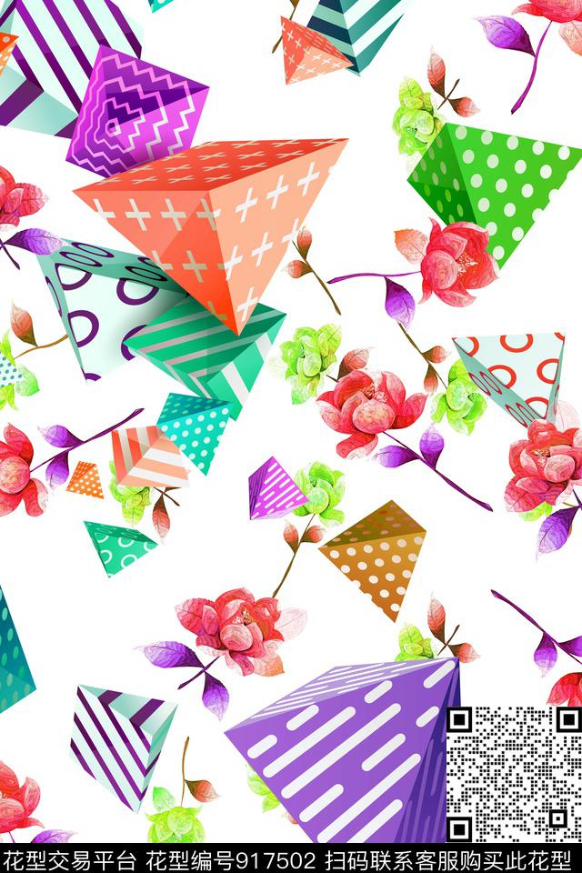 几何花卉手绘花卉几何数码印花华亿平台下载（图片编号: 917502） - 瓦栏（Walan）