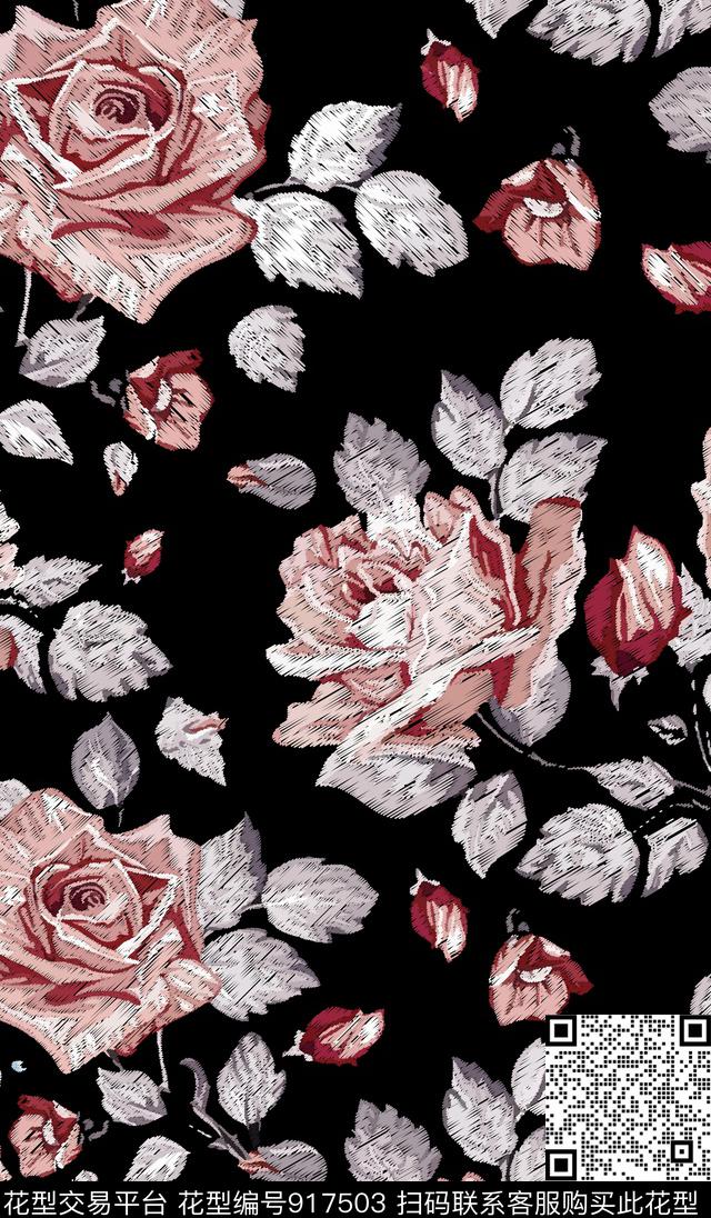 线条花卉数码华亿平台数码印花华亿平台下载（图片编号: 917503） - 瓦栏（Walan）
