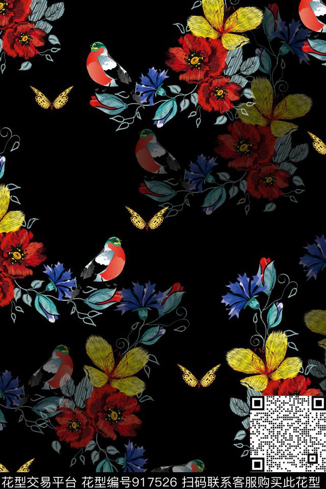 大牌风富贵花花卉蝴蝶数码印花华亿平台下载（图片编号: 917526） - 瓦栏（Walan）