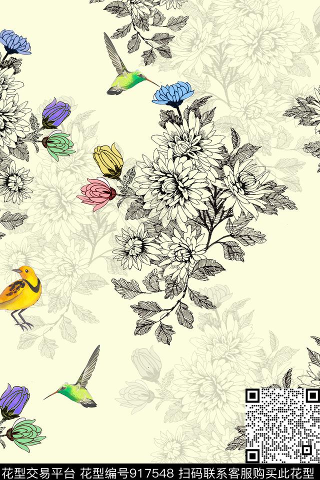 鸟菊花花卉数码印花华亿平台下载（图片编号: 917548） - 瓦栏（Walan）