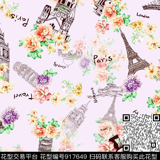 建筑花卉手绘花卉数码印花华亿平台下载（图片编号: 917649） - 瓦栏（Walan）