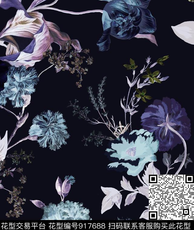 花卉黑底花卉大牌风传统印花华亿平台下载（图片编号: 917688） - 瓦栏（Walan）