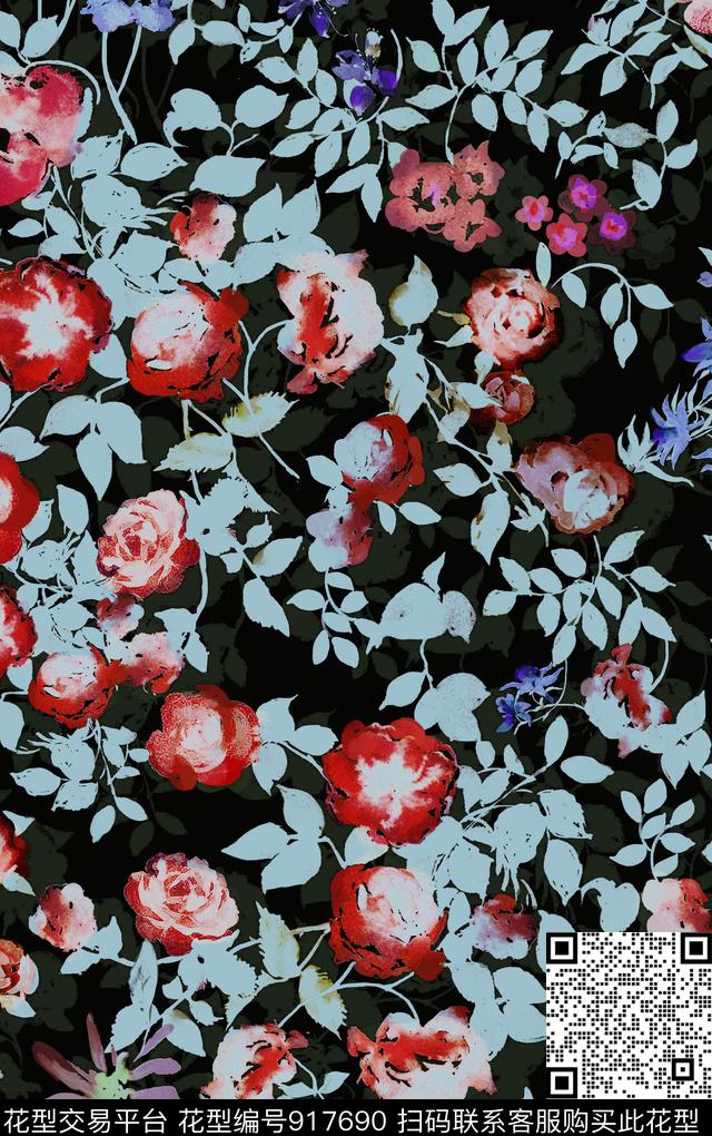 花卉手绘玫瑰小碎花传统印花华亿平台下载（图片编号: 917690） - 瓦栏（Walan）