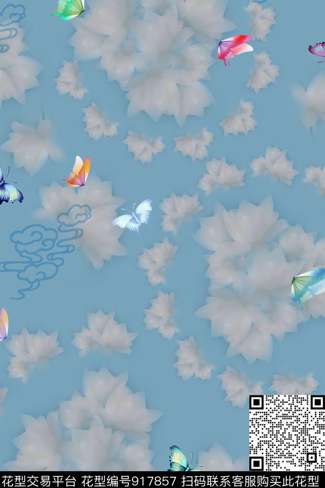 蝴蝶素雅朦胧花卉数码印花华亿平台下载（图片编号: 917857） - 瓦栏（Walan）