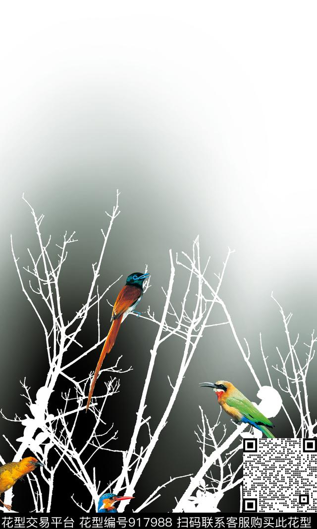 鸟树枝定位花数码印花华亿平台下载（图片编号: 917988） - 瓦栏（Walan）