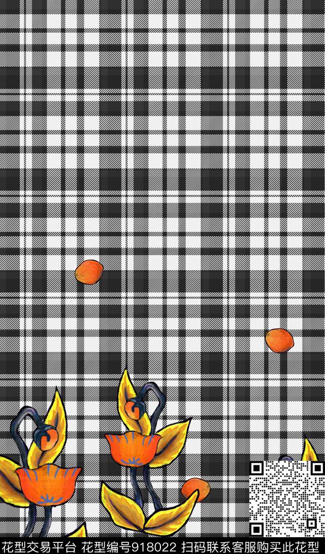 格子几何花卉数码印花华亿平台下载（图片编号: 918022） - 瓦栏（Walan）