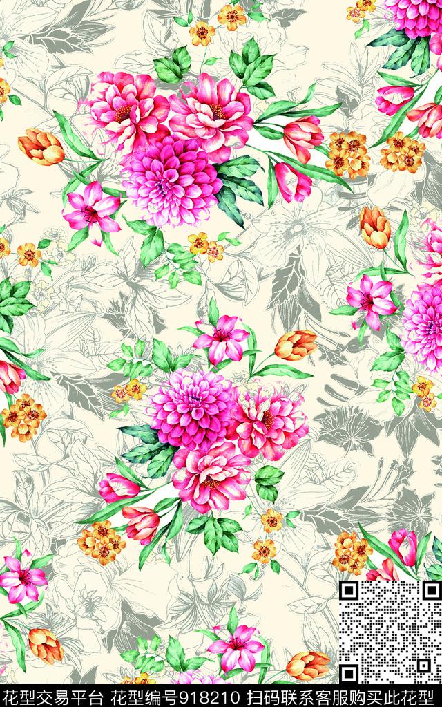 彩底花卉女装满版散花数码印花华亿平台下载（图片编号: 918210） - 瓦栏（Walan）
