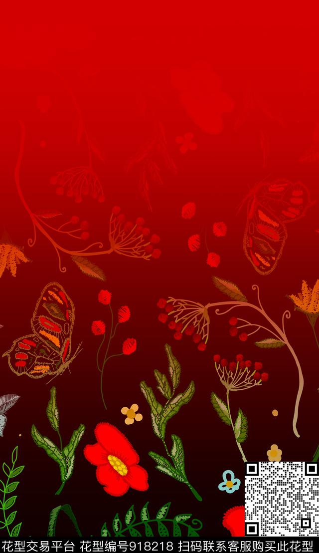 渐变花卉绣花华亿平台数码印花华亿平台下载（图片编号: 918218） - 瓦栏（Walan）