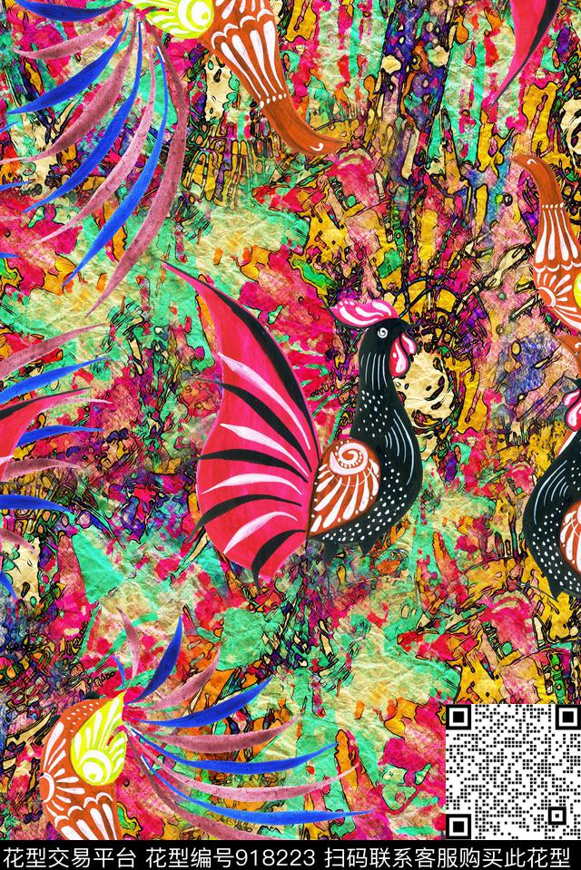 蝴蝶公鸡抽象数码印花华亿平台下载（图片编号: 918223） - 瓦栏（Walan）