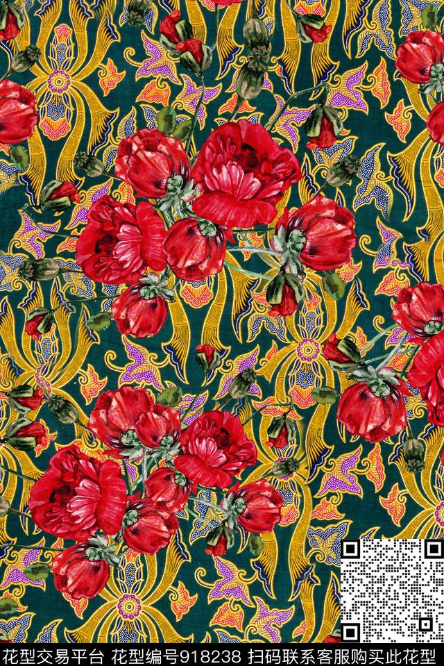 植物花卉手绘花卉数码印花华亿平台下载（图片编号: 918238） - 瓦栏（Walan）