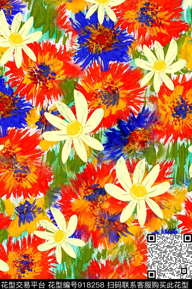 抽象花卉手绘花卉数码印花华亿平台下载（图片编号: 918258） - 瓦栏（Walan）