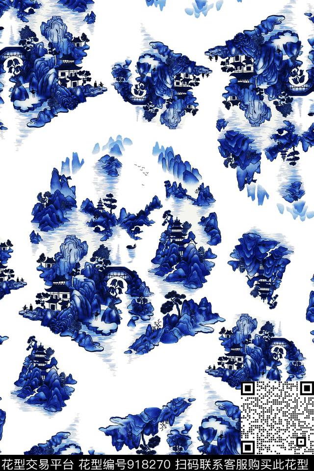 国画青花瓷中国风数码印花华亿平台下载（图片编号: 918270） - 瓦栏（Walan）