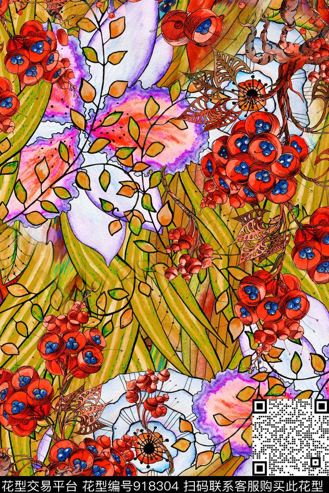 花卉手绘花卉绿植树叶数码印花华亿平台下载（图片编号: 918304） - 瓦栏（Walan）