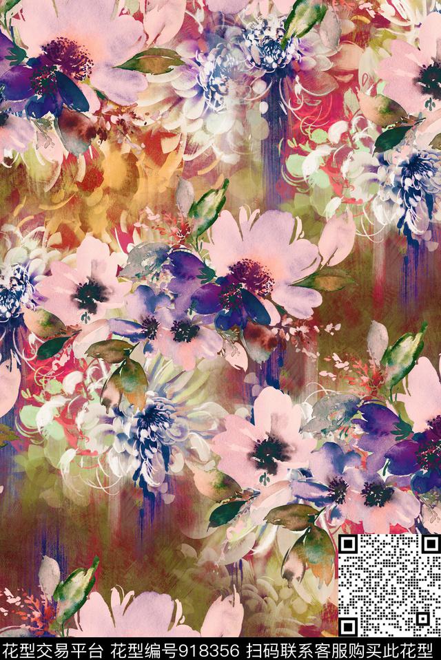 抽象花卉手绘花卉数码印花华亿平台下载（图片编号: 918356） - 瓦栏（Walan）