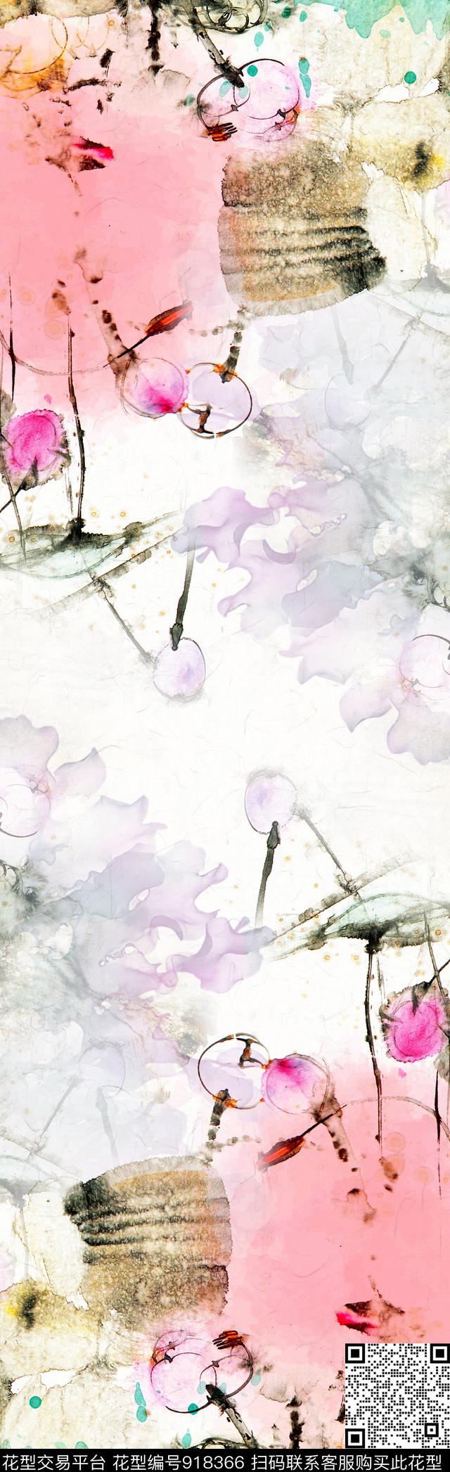 荷花水墨风围巾数码印花华亿平台下载（图片编号: 918366） - 瓦栏（Walan）