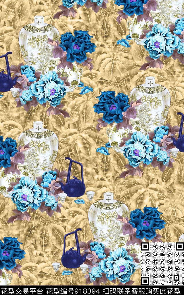 手绘花卉牡丹青花瓷数码印花华亿平台下载（图片编号: 918394） - 瓦栏（Walan）
