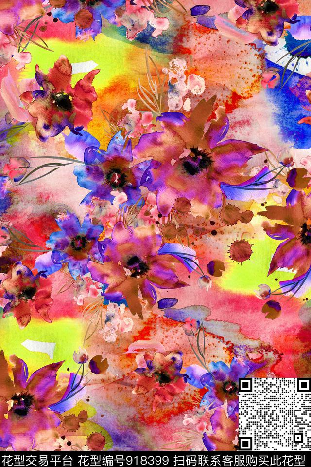 抽象花卉手绘花卉数码印花华亿平台下载（图片编号: 918399） - 瓦栏（Walan）