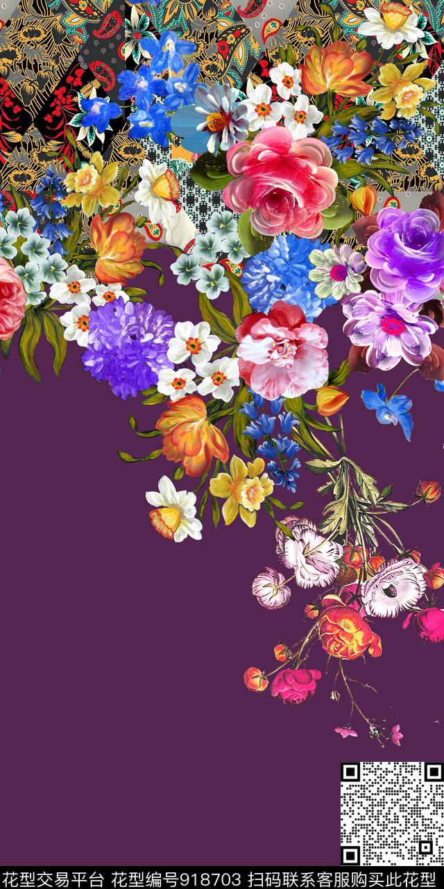 民族风几何花卉数码印花华亿平台下载（图片编号: 918703） - 瓦栏（Walan）
