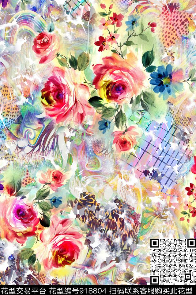 手绘花卉几何抽象数码印花华亿平台下载（图片编号: 918804） - 瓦栏（Walan）