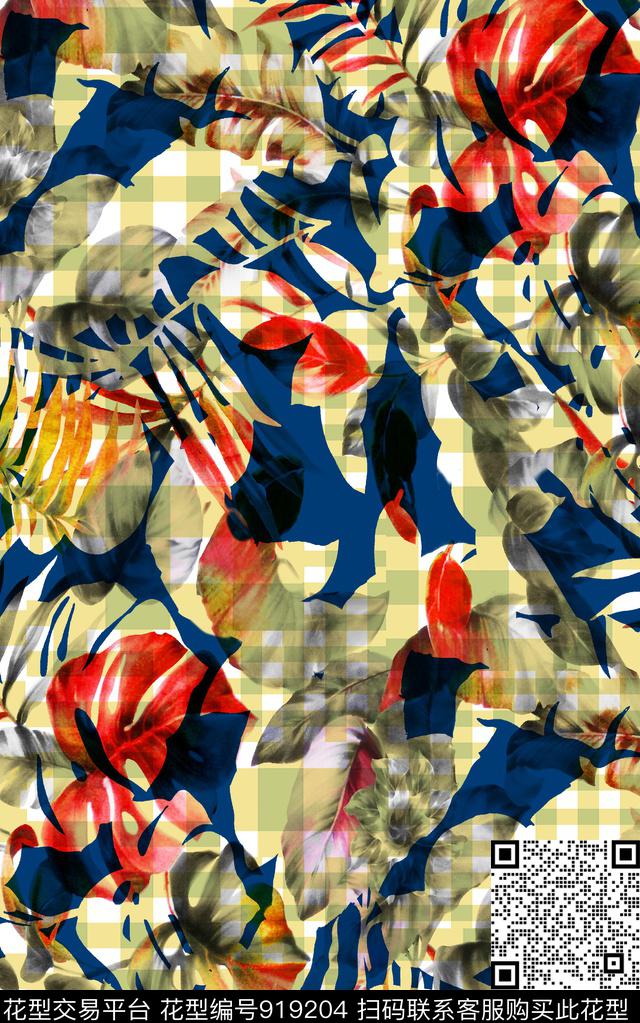 绿植树叶格子花卉数码印花华亿平台下载（图片编号: 919204） - 瓦栏（Walan）
