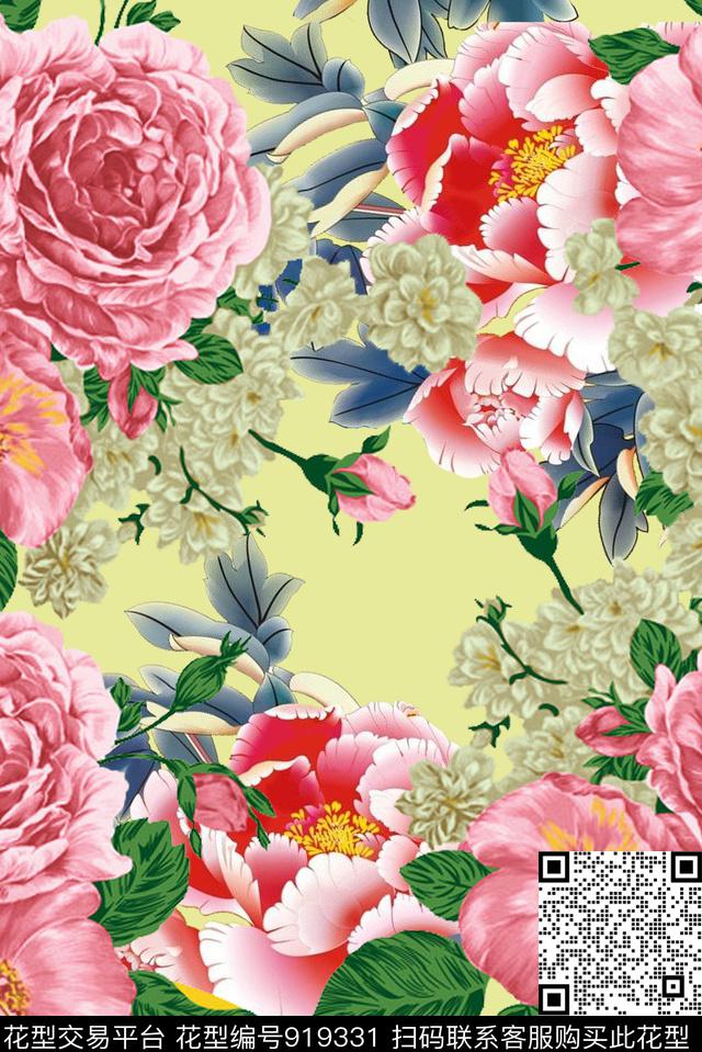 牡丹彩底花卉香云纱传统印花华亿平台下载（图片编号: 919331） - 瓦栏（Walan）