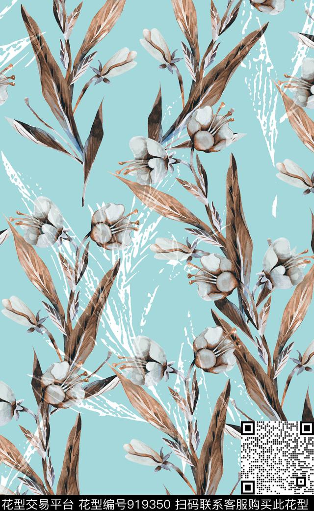 绿植树叶素雅植物数码印花华亿平台下载（图片编号: 919350） - 瓦栏（Walan）