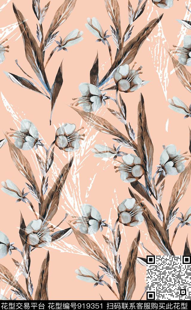 绿植树叶素雅植物数码印花华亿平台下载（图片编号: 919351） - 瓦栏（Walan）