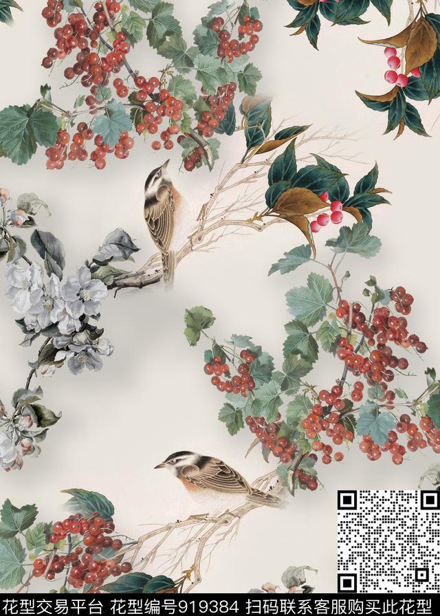樱桃鸟花鸟画数码印花华亿平台下载（图片编号: 919384） - 瓦栏（Walan）
