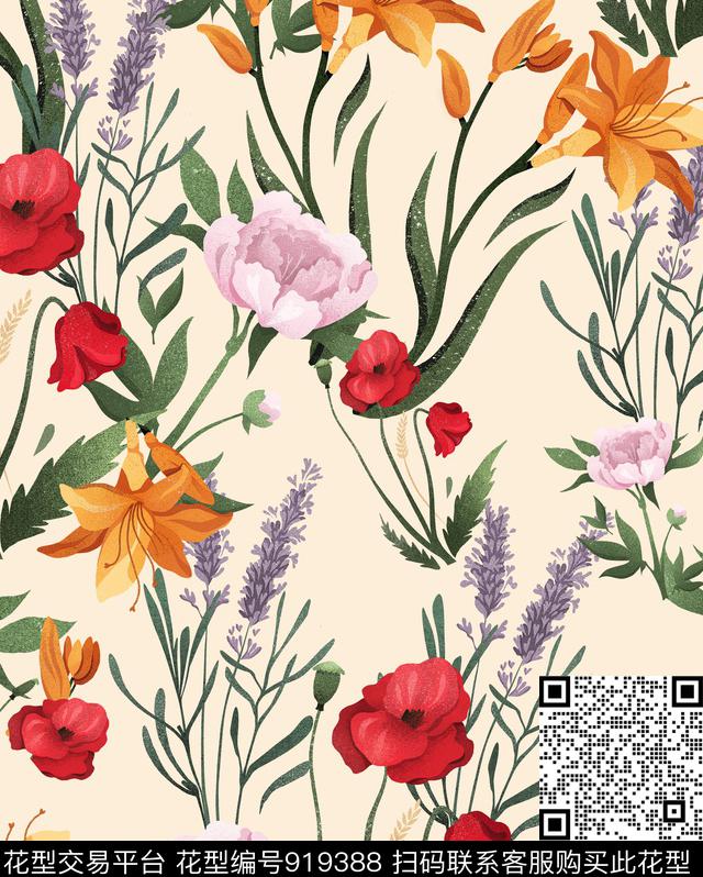 手绘花卉女装花卉数码印花华亿平台下载（图片编号: 919388） - 瓦栏（Walan）