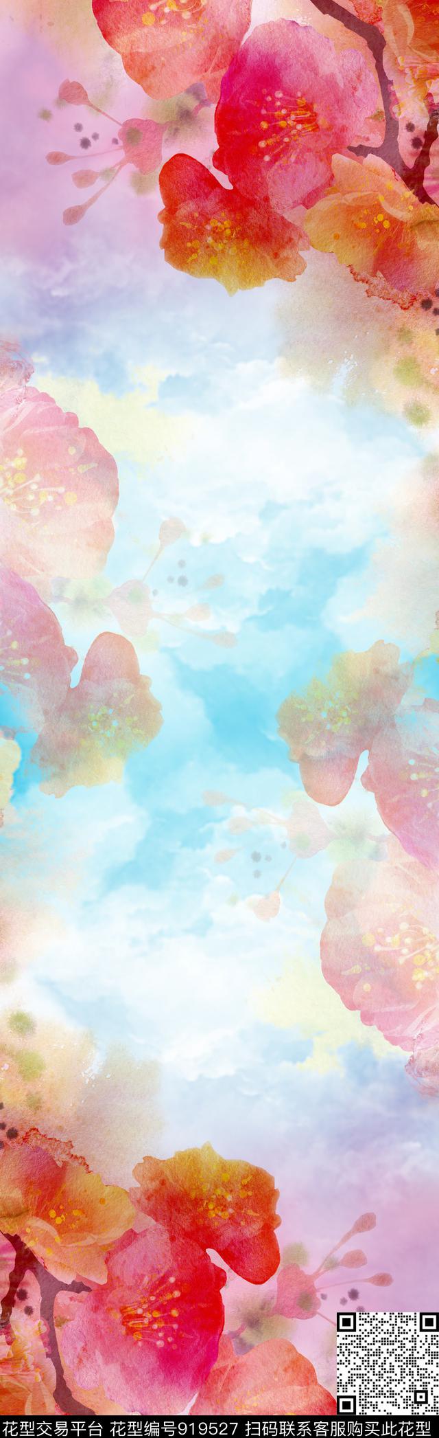彩底花卉围巾水彩花卉数码印花华亿平台下载（图片编号: 919527） - 瓦栏（Walan）