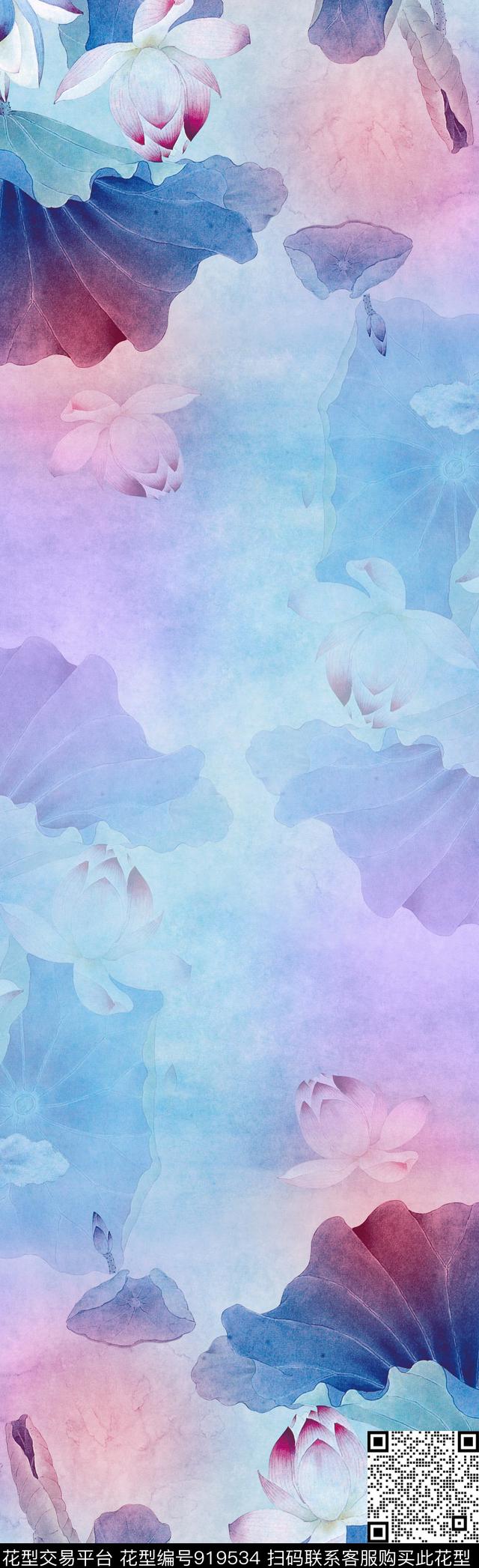 手绘花卉围巾荷花数码印花华亿平台下载（图片编号: 919534） - 瓦栏（Walan）