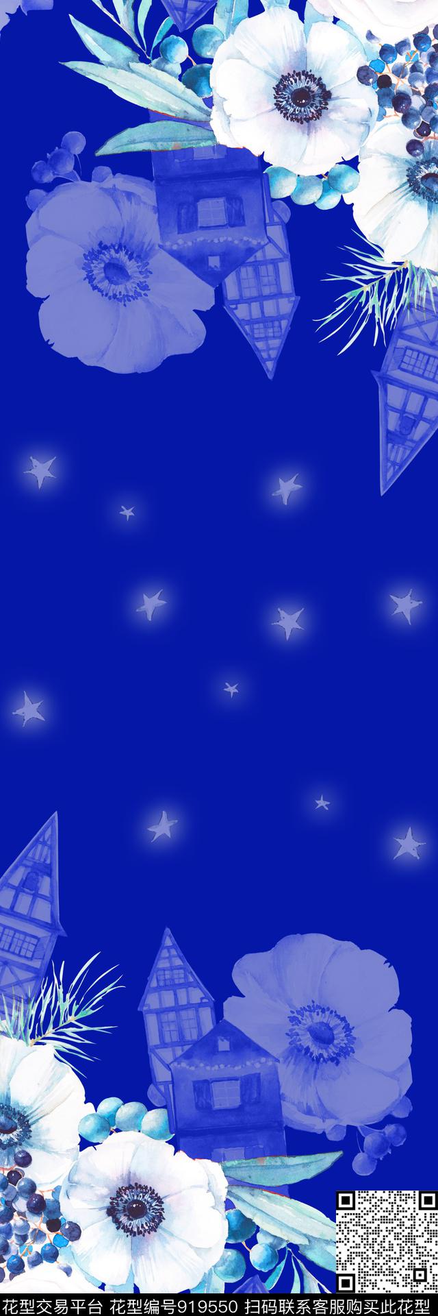 手绘花卉建筑蓝莓数码印花华亿平台下载（图片编号: 919550） - 瓦栏（Walan）