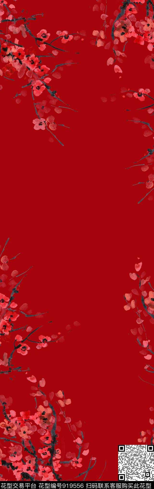 手绘花卉围巾桃花数码印花华亿平台下载（图片编号: 919556） - 瓦栏（Walan）
